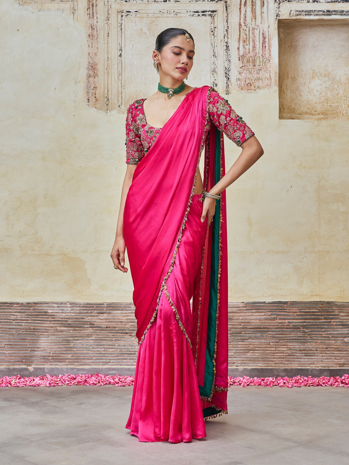 Saawari Cupro Satin Fuchsia Pre-draped Saree with Raw Silk Blouse