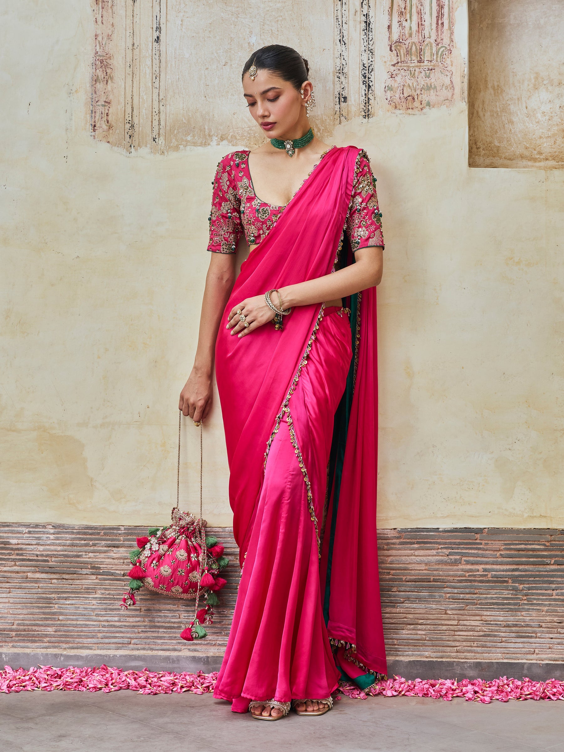 Saawari Cupro Satin Fuchsia Pre-draped Saree with Raw Silk Blouse