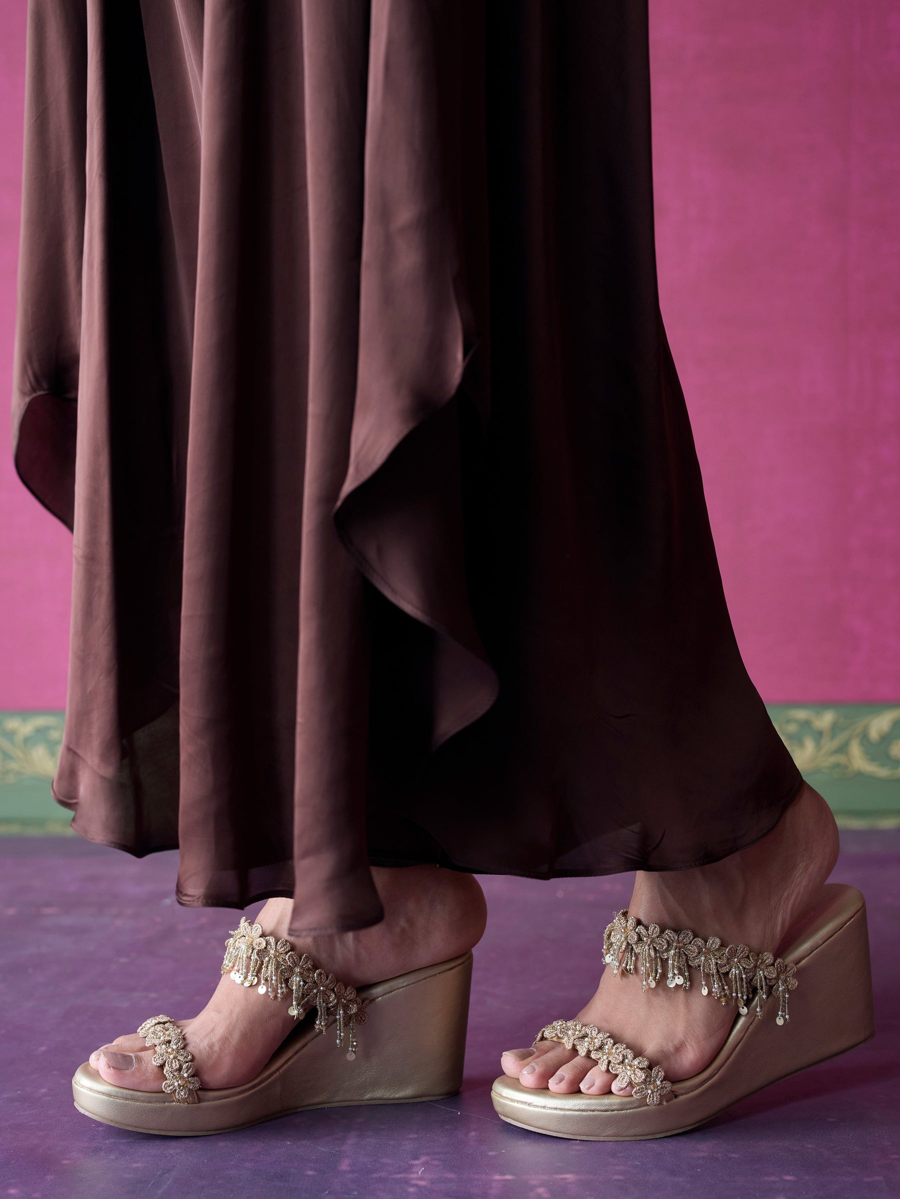Nemi Cupro Satin Brown Short Kurta with Draped Pants