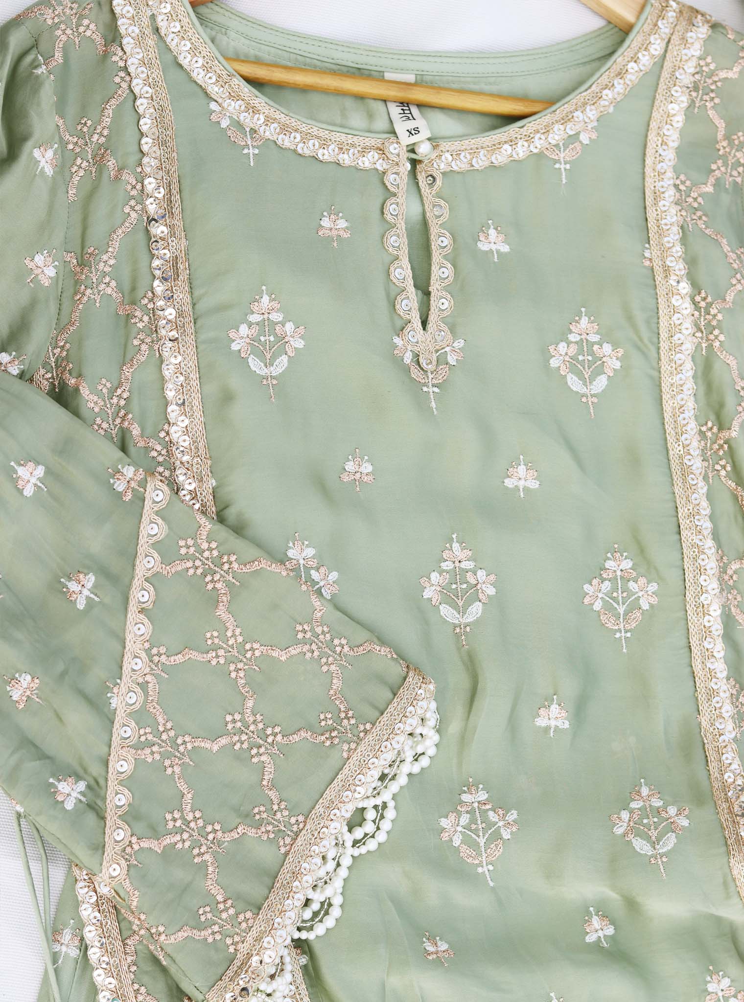 Kundmayi Organza Satin Sage Green Kurta with Palazzo Set