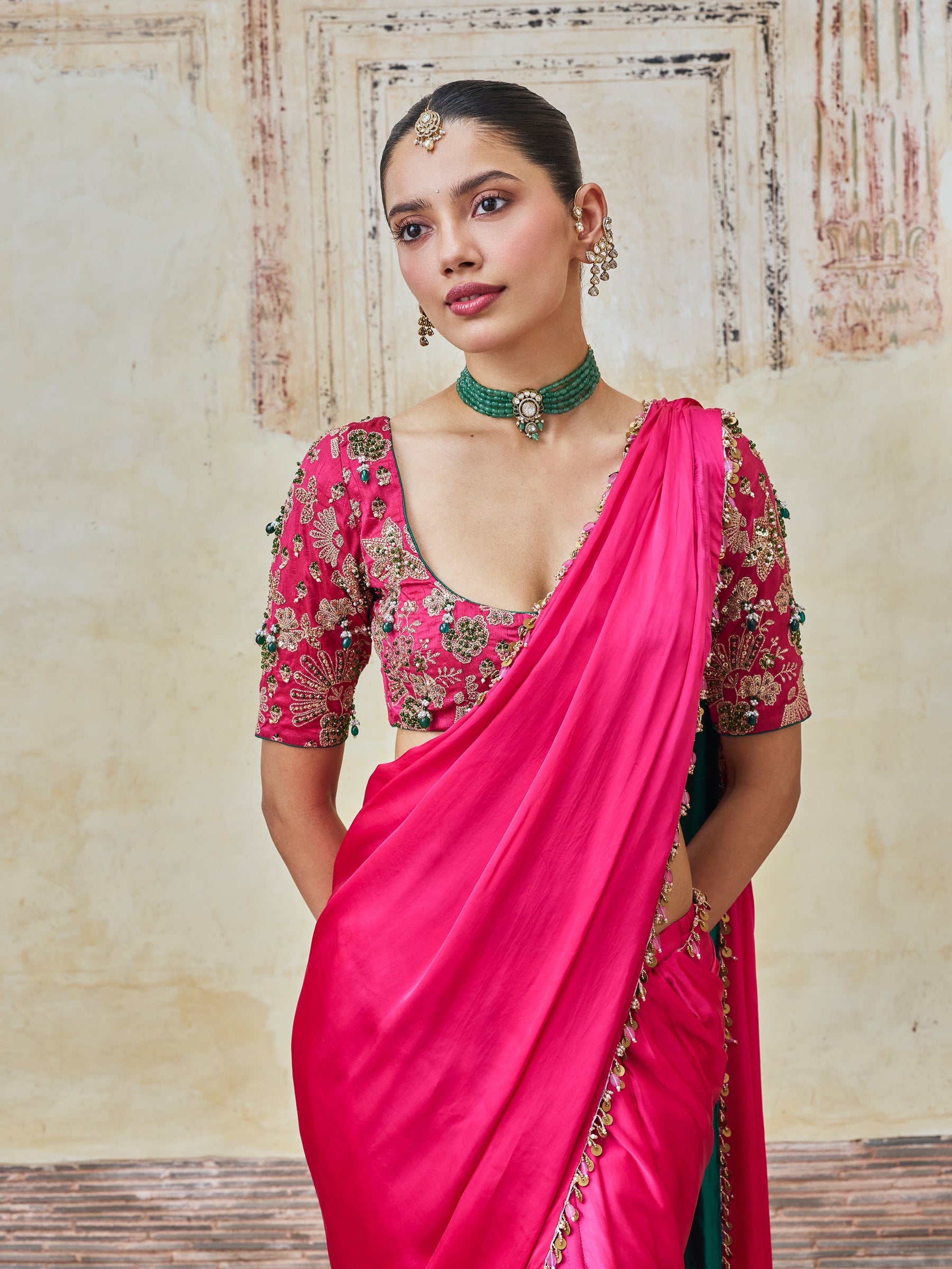 Saawari Cupro Satin Fuchsia Pre-draped Saree with Raw Silk Blouse