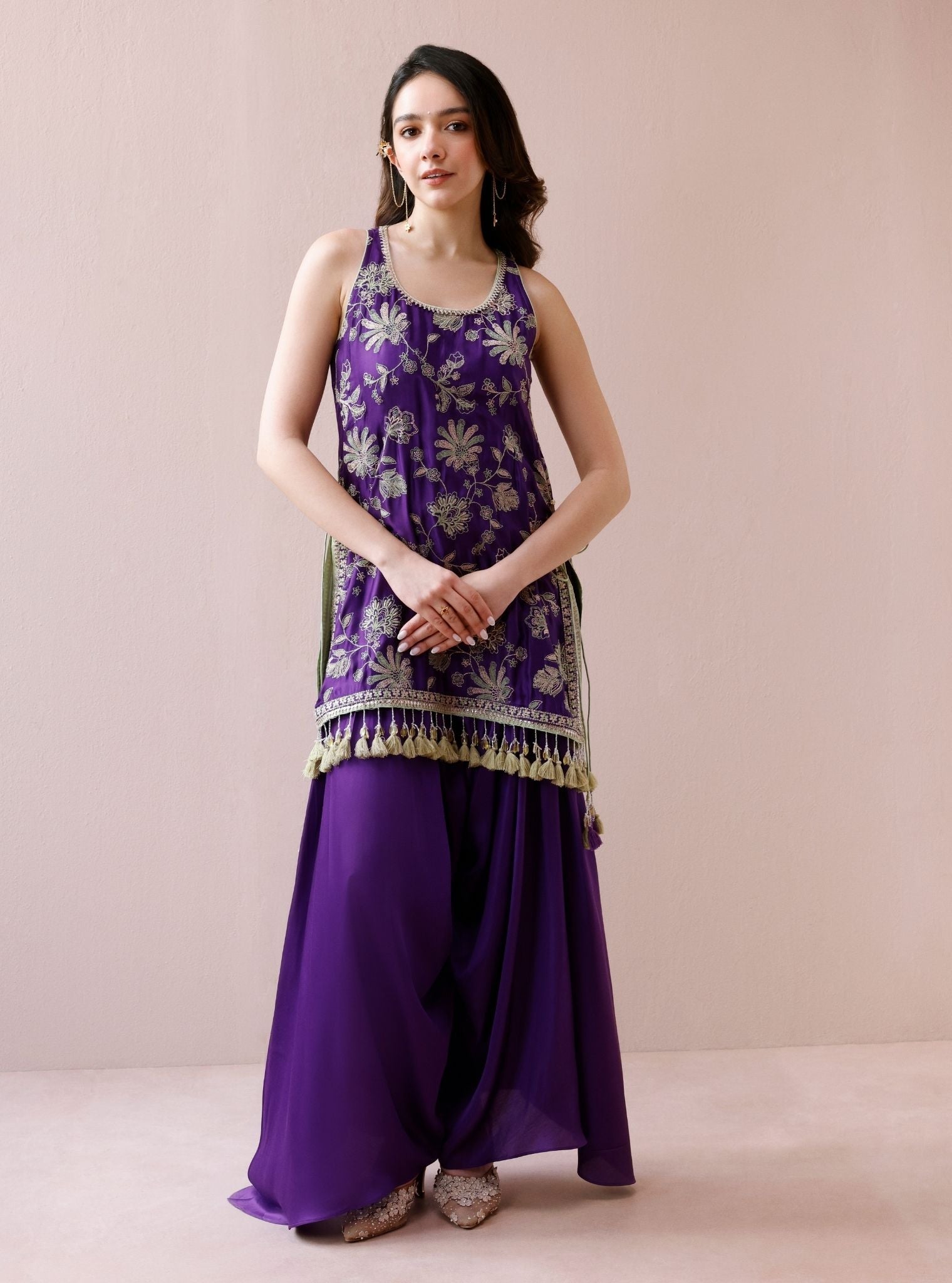 Zani Cupro Satin Purple Kurta with Draped Pants