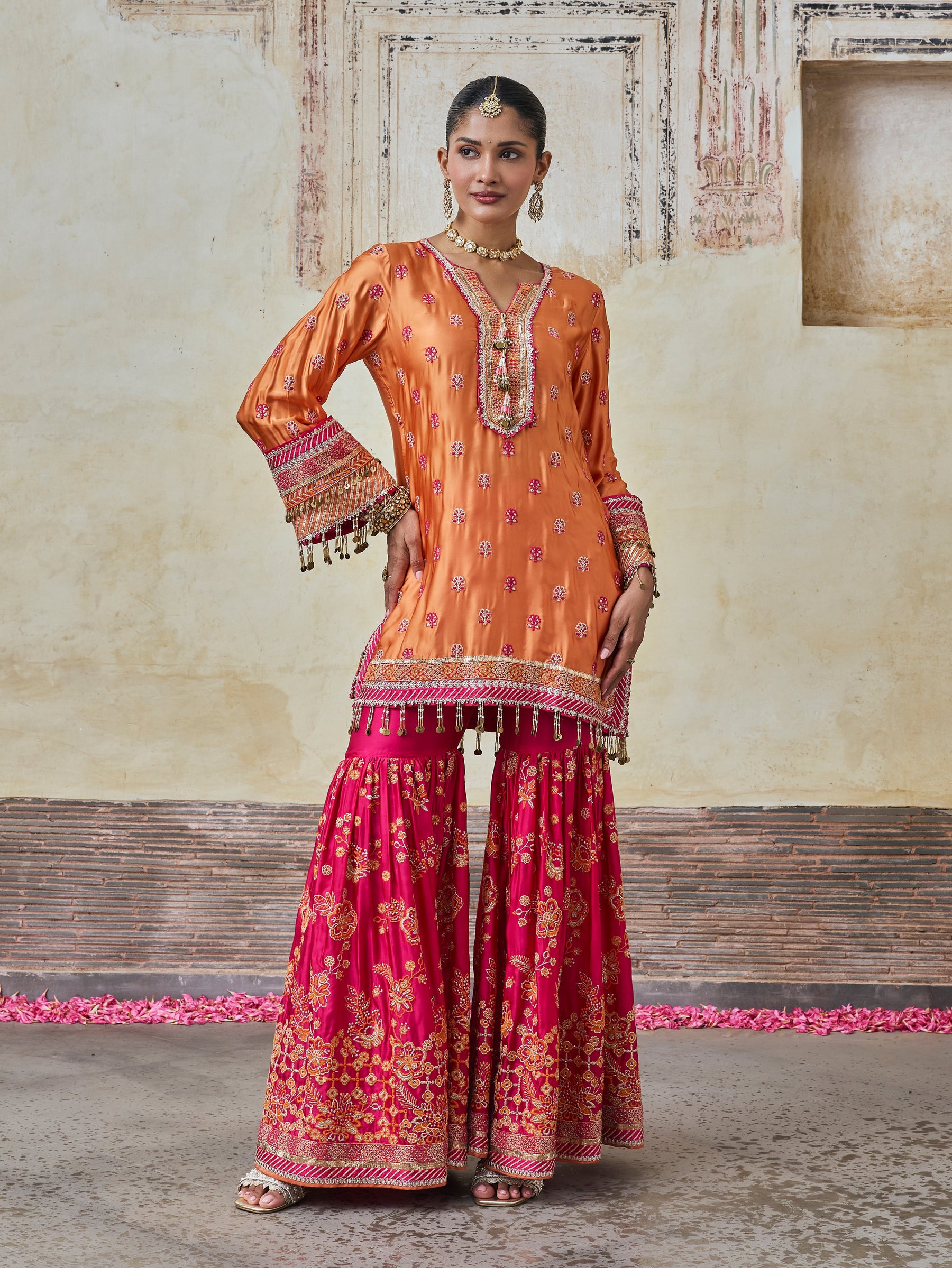 Surkhi Cupro Satin Orange Kurta with Garara