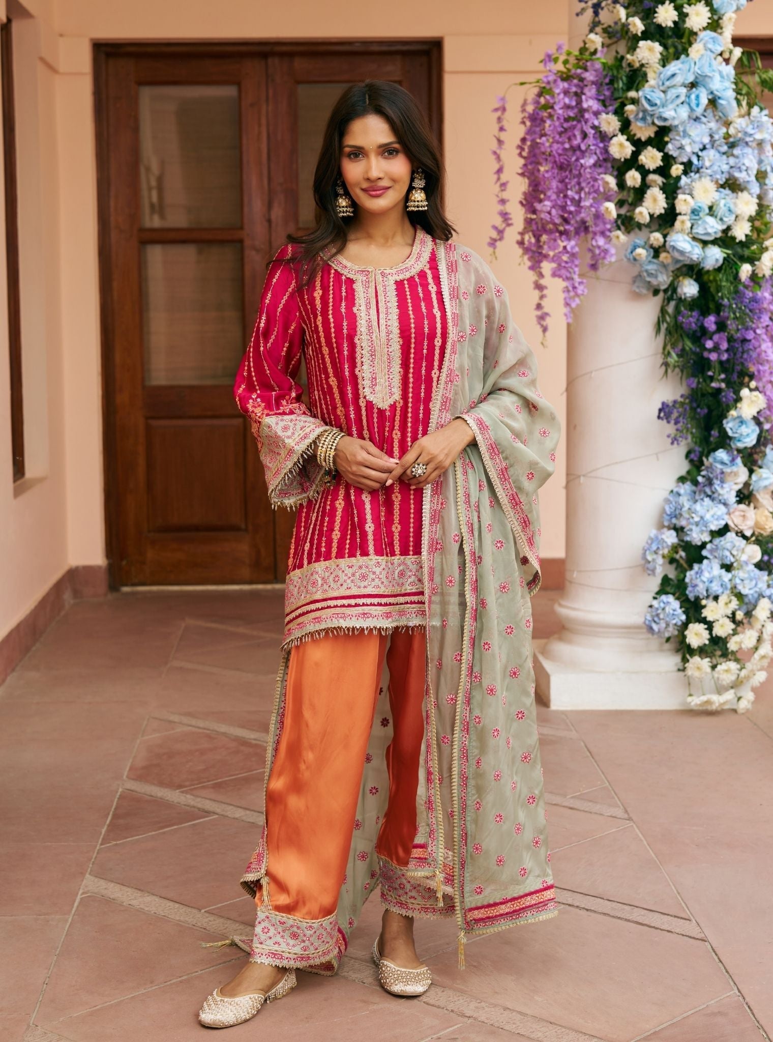 Jhumri Cupro Satin Rani Pink Kurta With Farshi Salwar