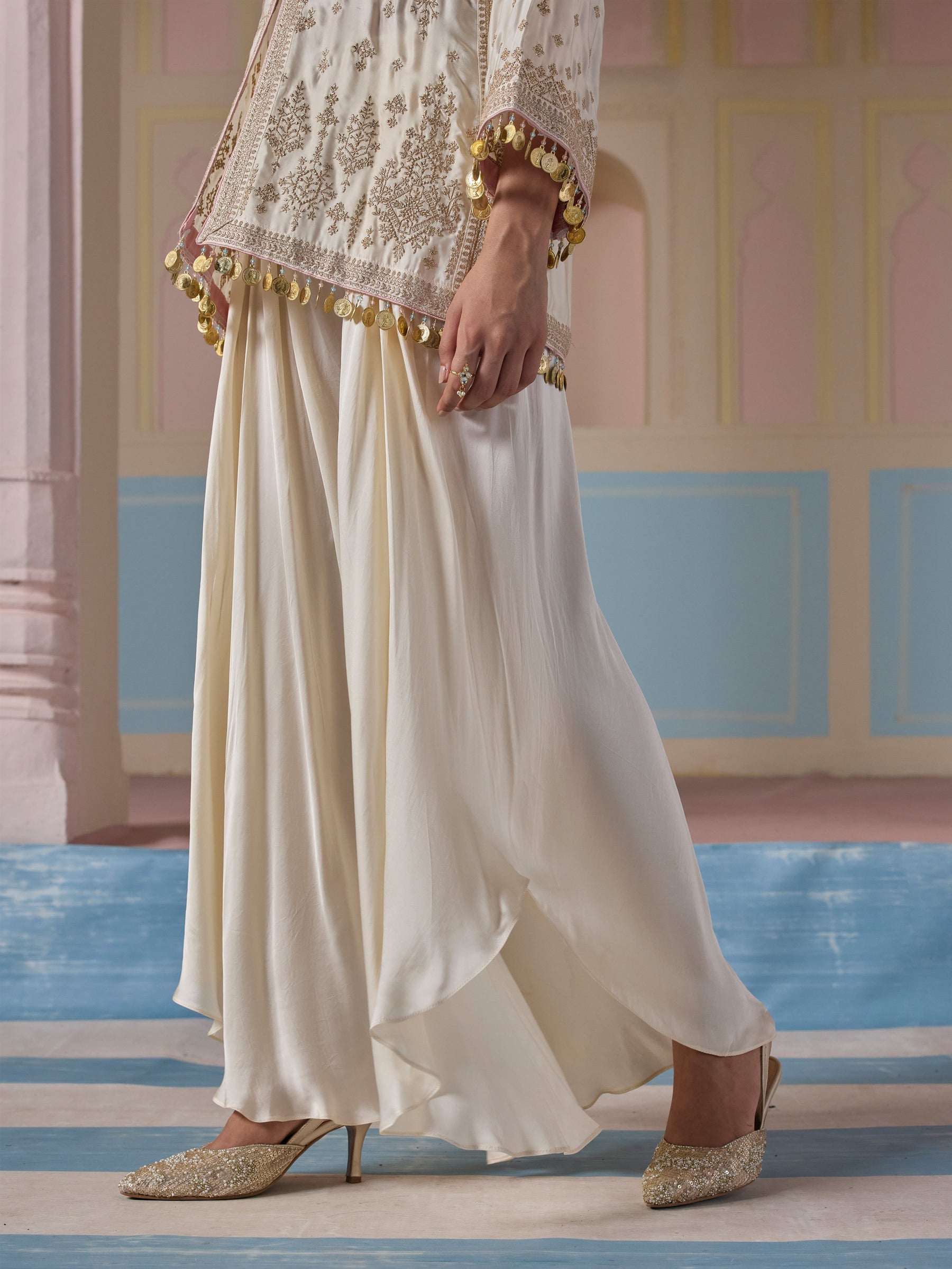 Laado Cupro Satin Off White Jacket with Draped Pants