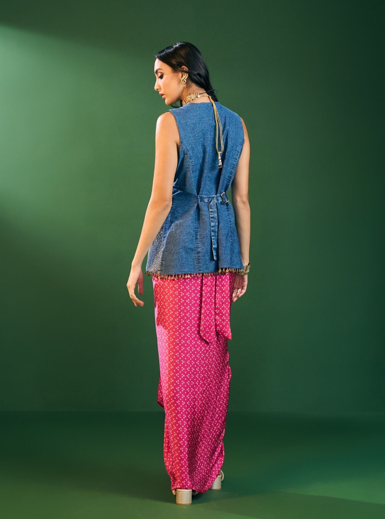 Lunira Denim Waistcoat With Cupro Satin Printed Fuschia Draped Skirt