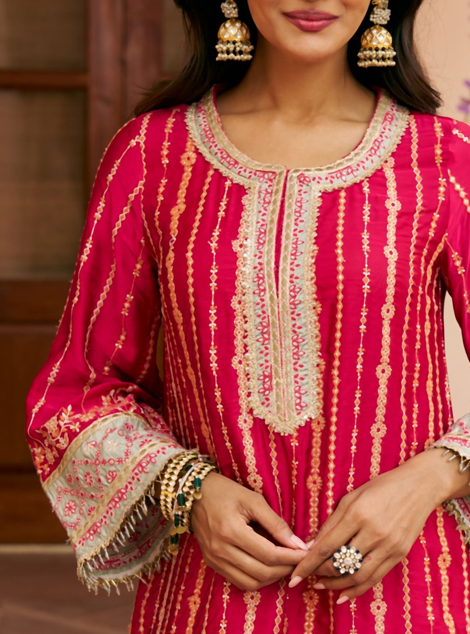 Jhumri Cupro Satin Rani Pink Kurta With Farshi Salwar