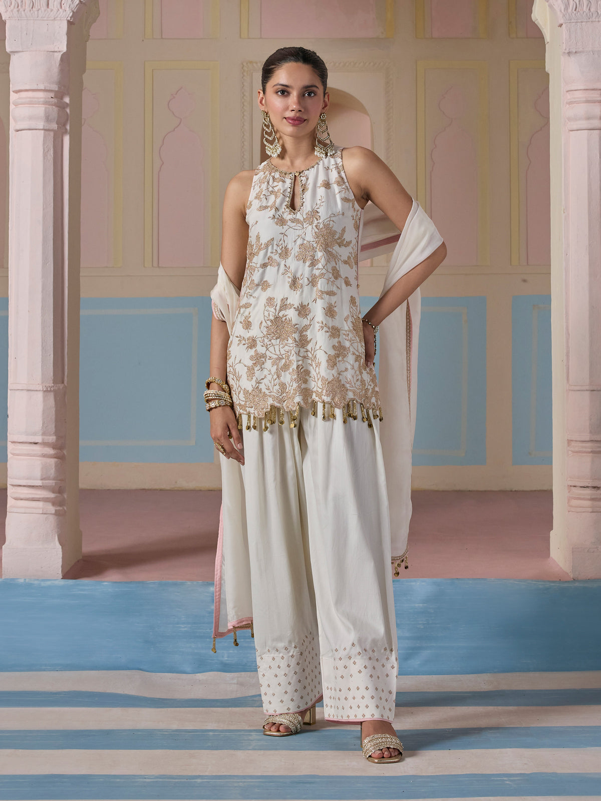 Mala Pima Satin Off White Kurta with Farshi Pants