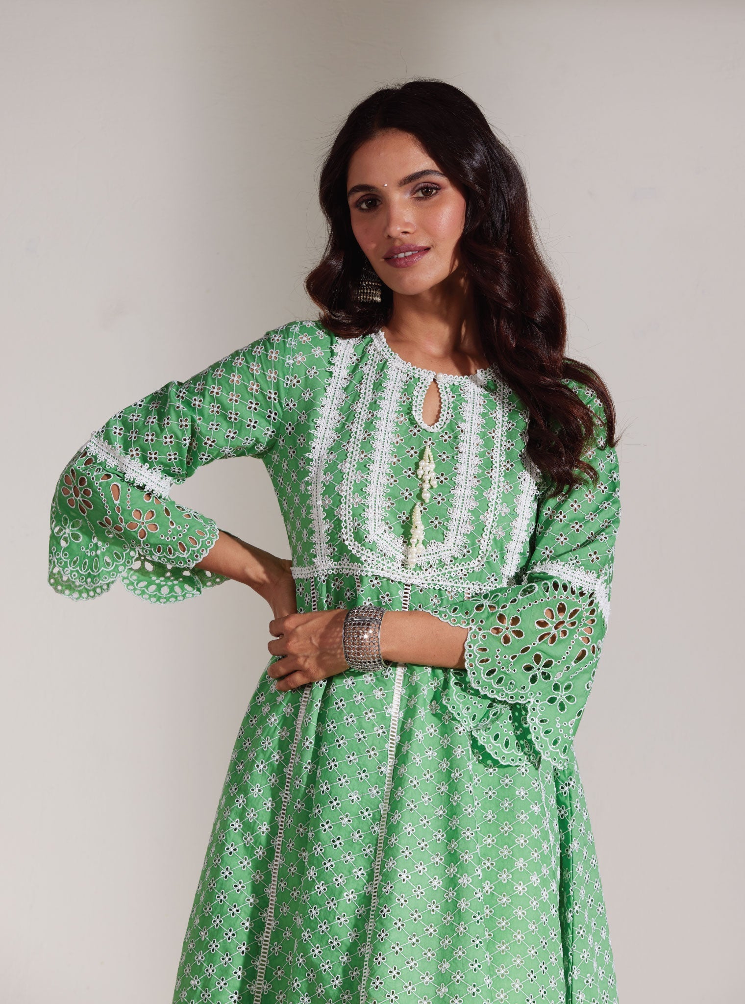 Arris Supima Cotton Anarkali Green Kurta with Saanjh White Pant Set