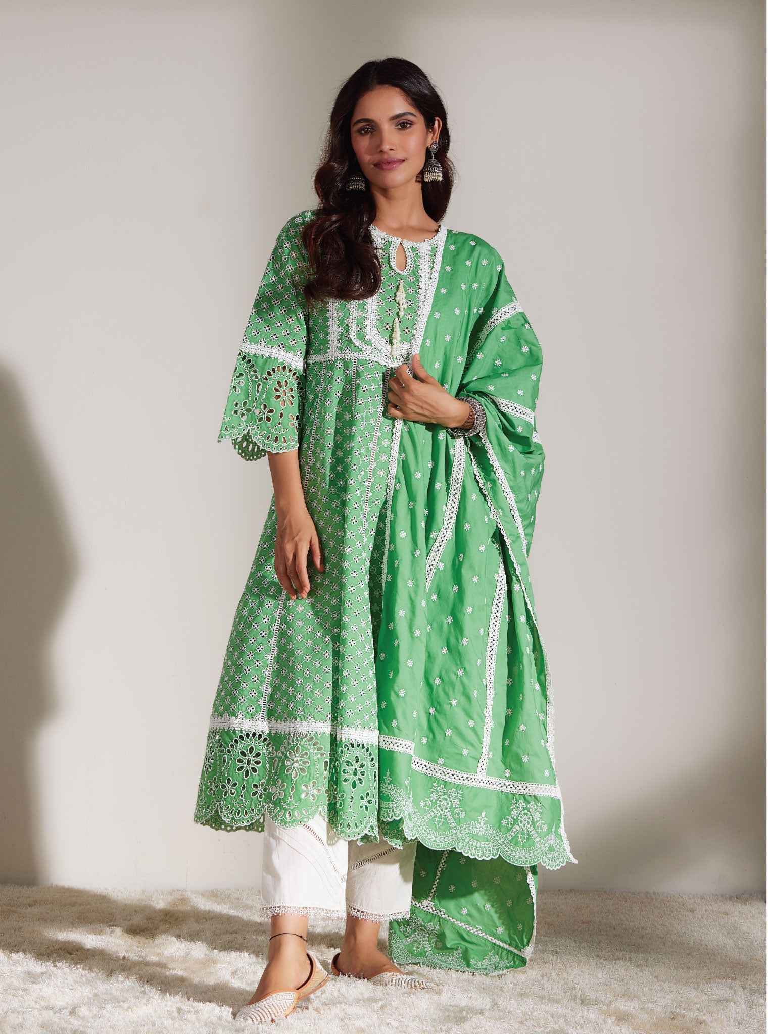 Mulmul Supima Cotton Arris Green Anarkali  Kurta