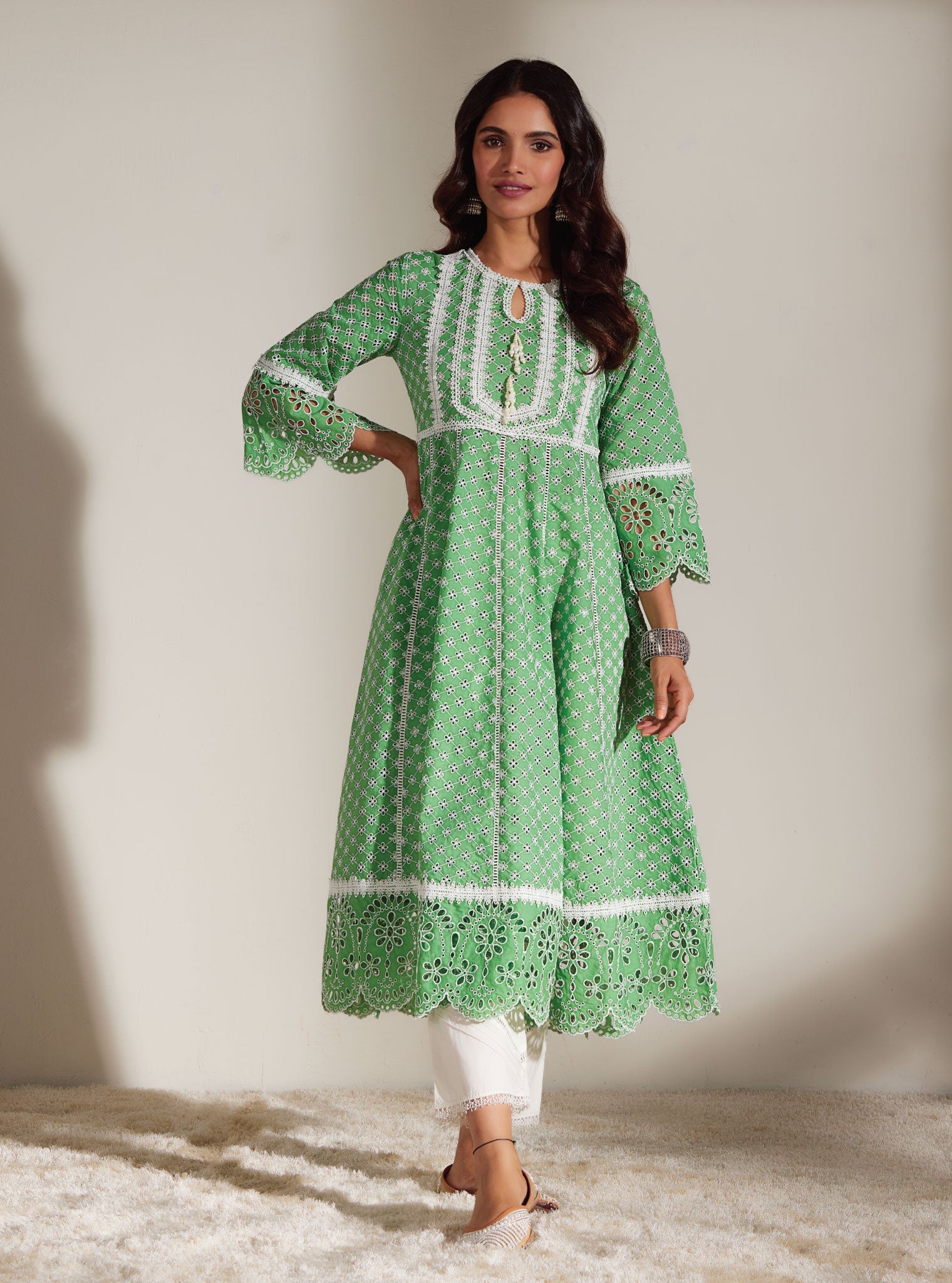 Mulmul Supima Cotton Arris Green Anarkali  Kurta