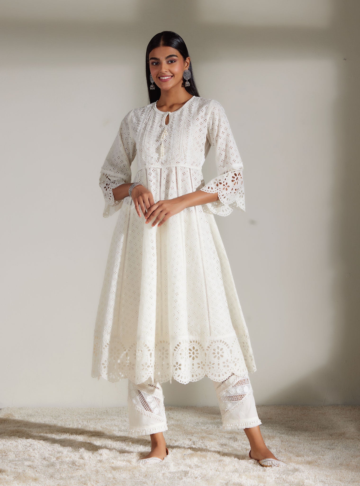 Mulmul Supima Cotton Arris White Anarkali  Kurta