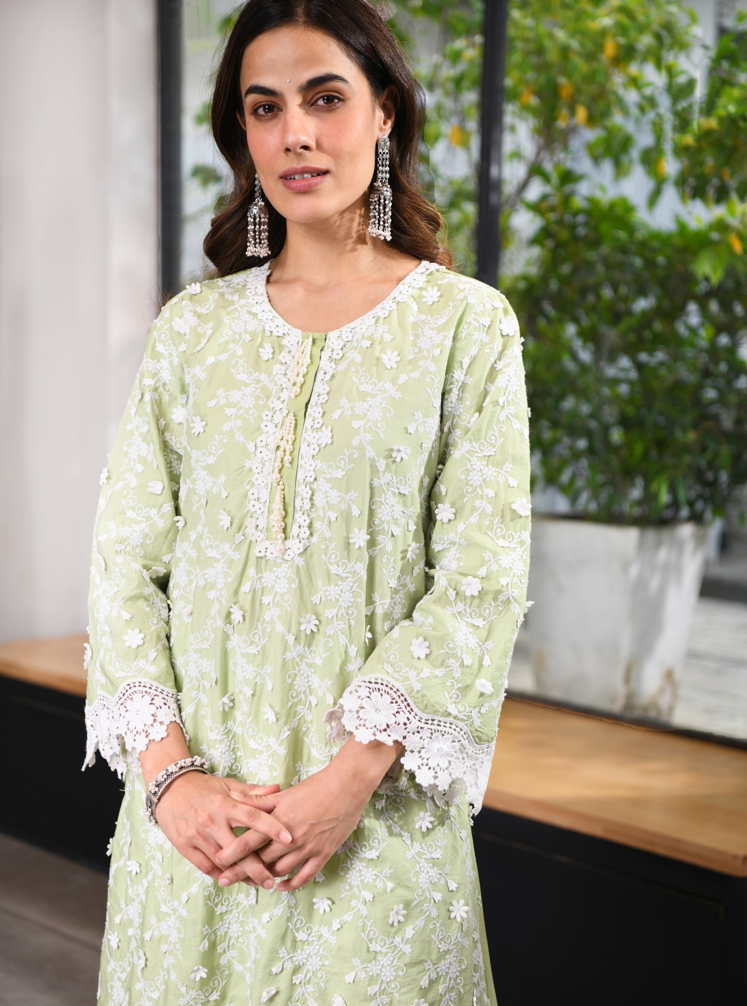 Mulmul Cotton BayBreeze Green Kurta With Mulmul Cotton Emb Rounded Hem White Pant