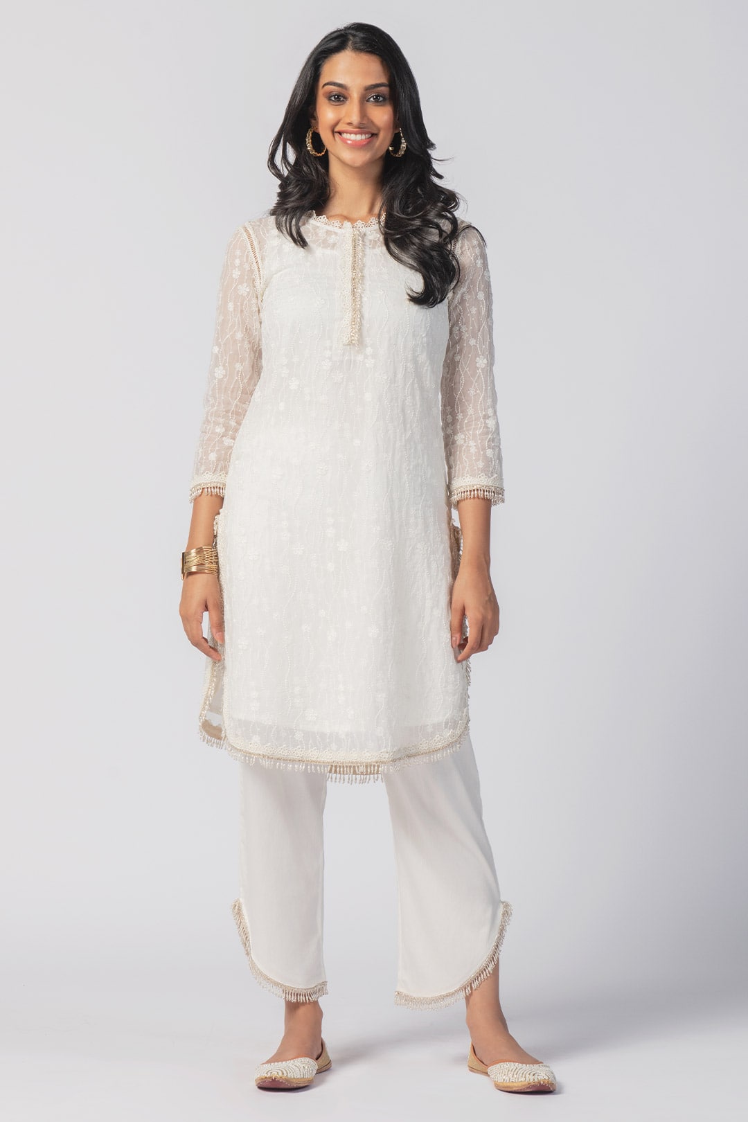 Freya Tencel Luxe Organza White Kurta With Freya Round Hem Pant