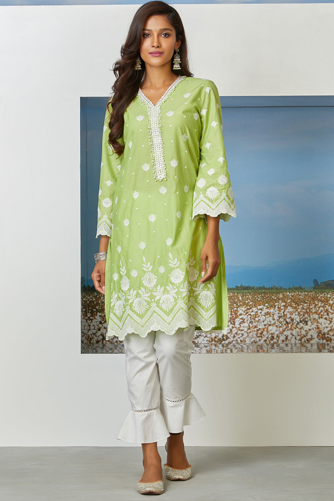 Mulmul Supima Cotton Garden Cress Lime Green Kurta