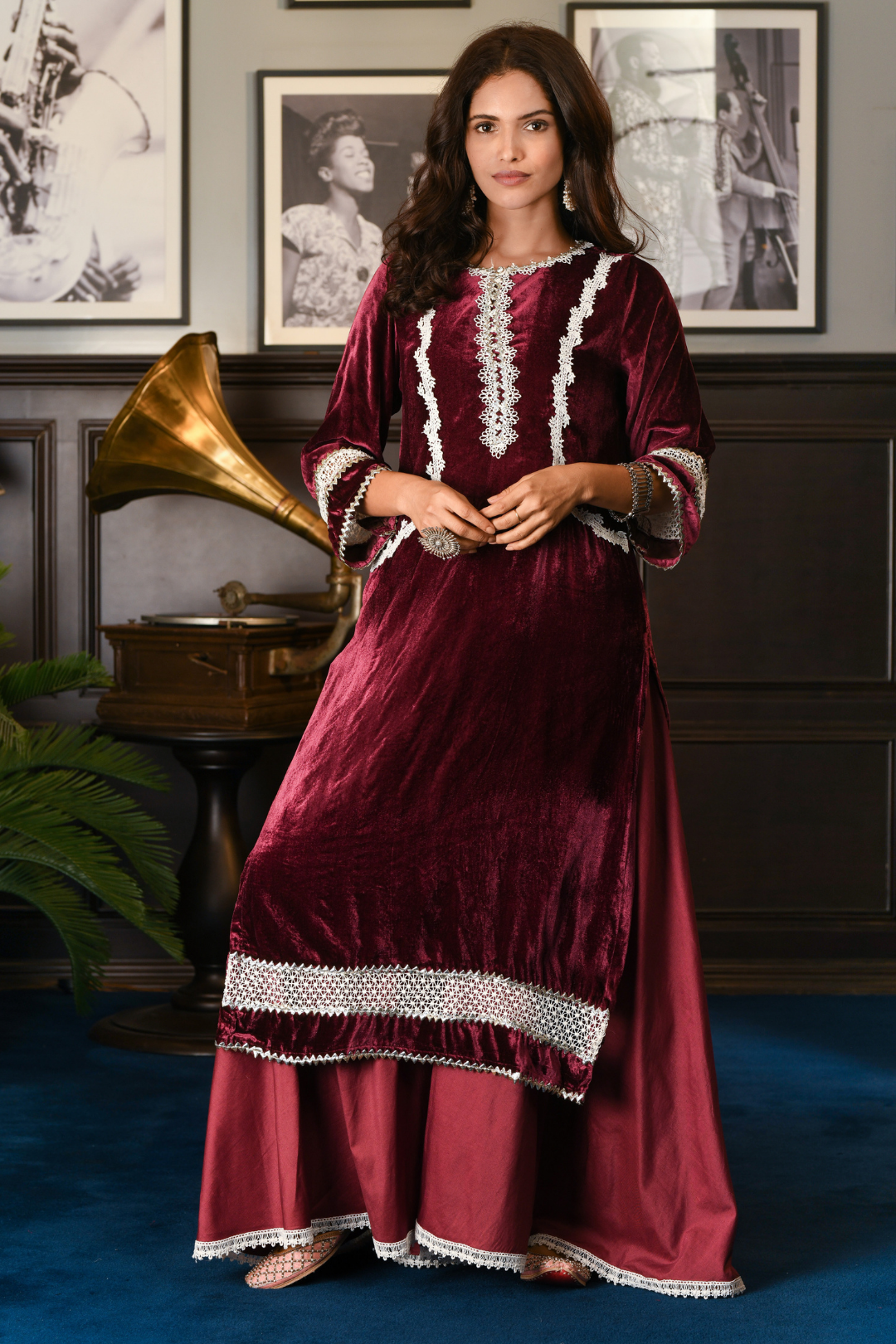 Makhmal Birch Kurta with Pine wine Sharara