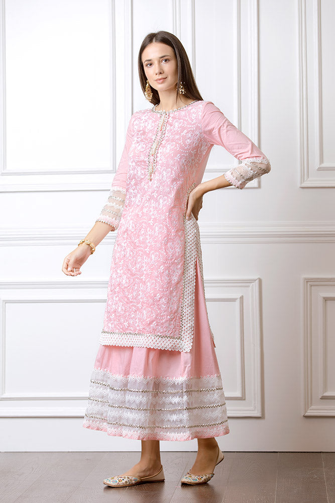 Flora Pink Kurta with Skirt Set