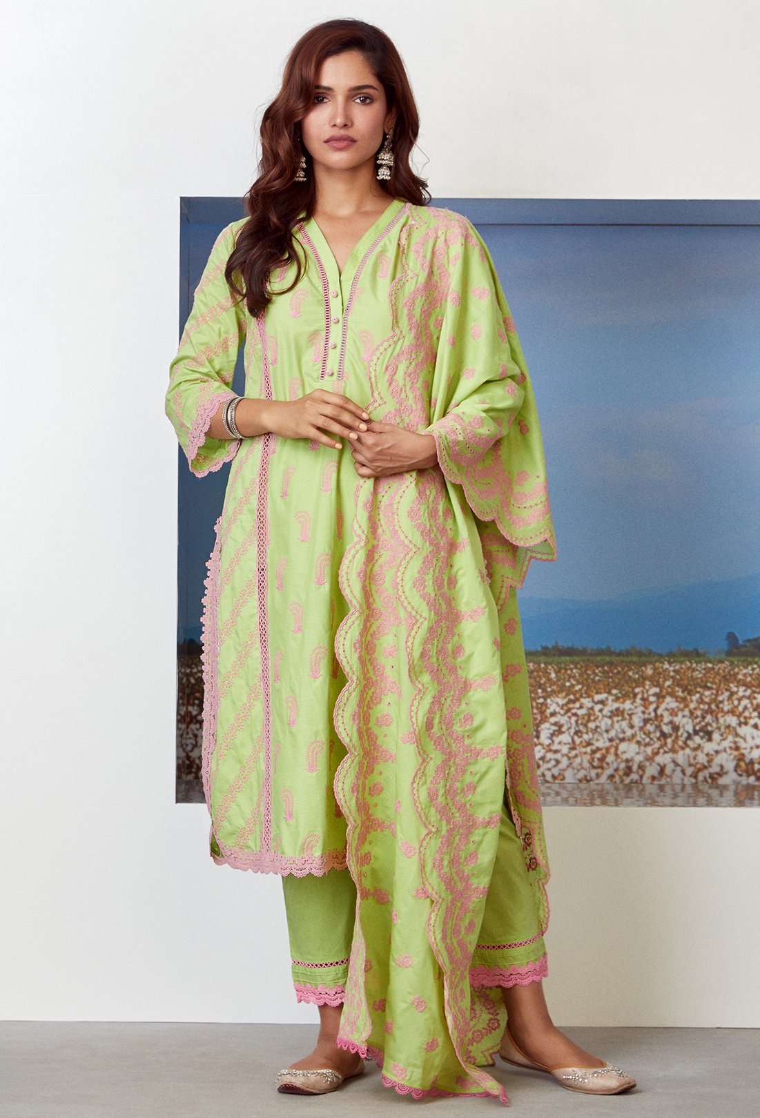 Mulmul Supima Cotton Altair Green Dupatta