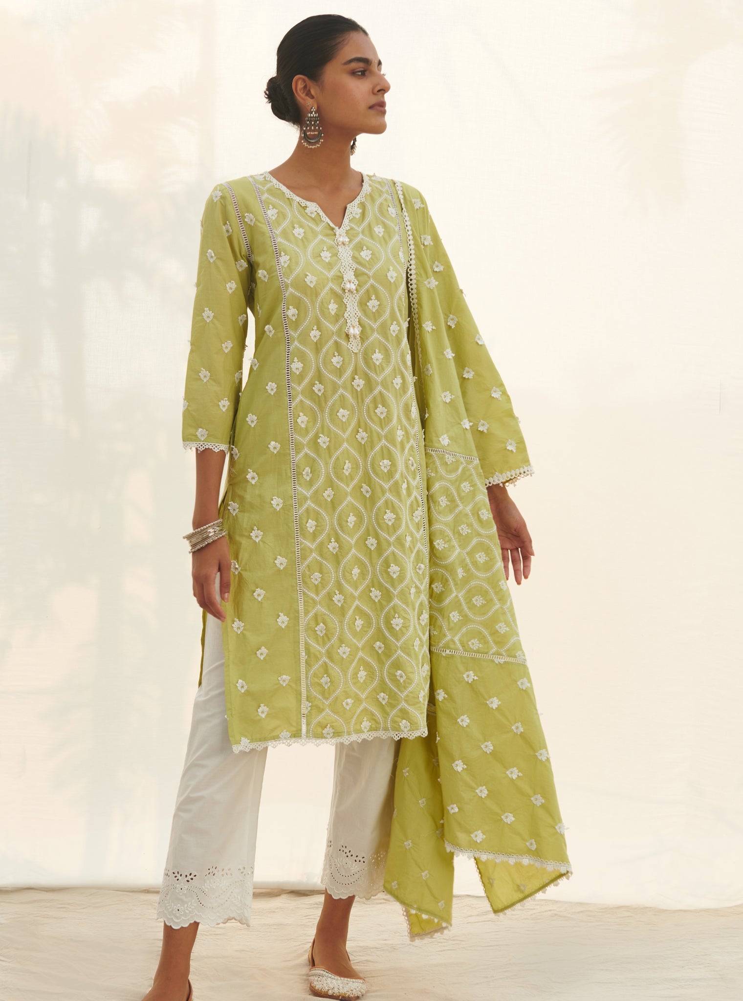 Mulmul Supima Cotton Pilerne Lime Dupatta