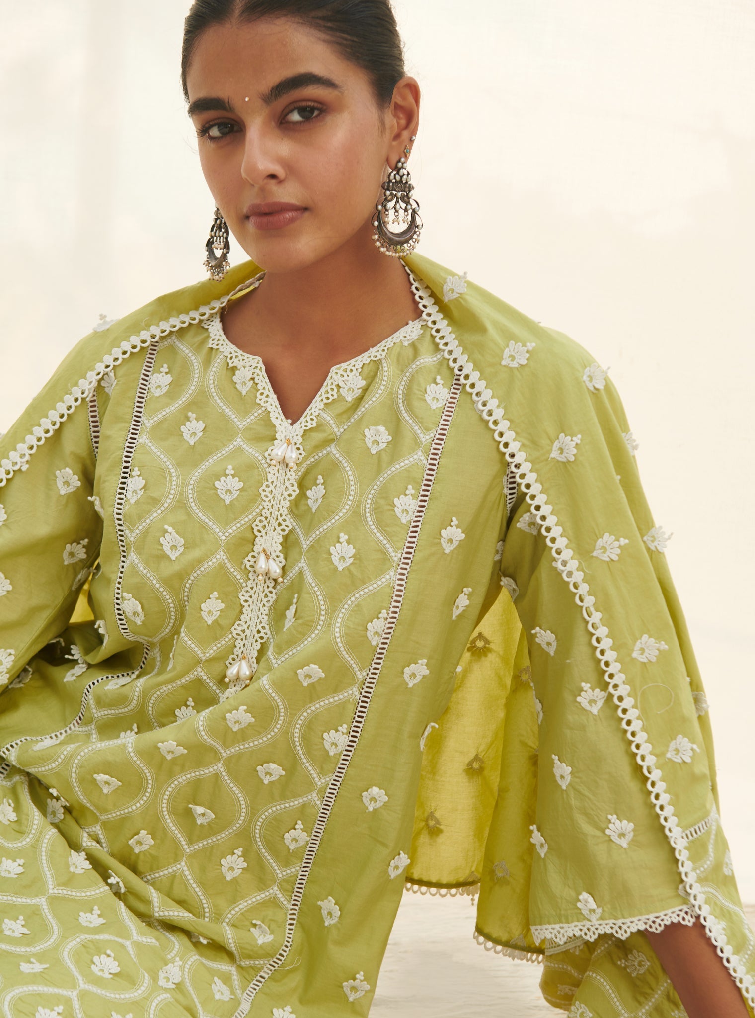Mulmul Supima Cotton Pilerne Lime Dupatta
