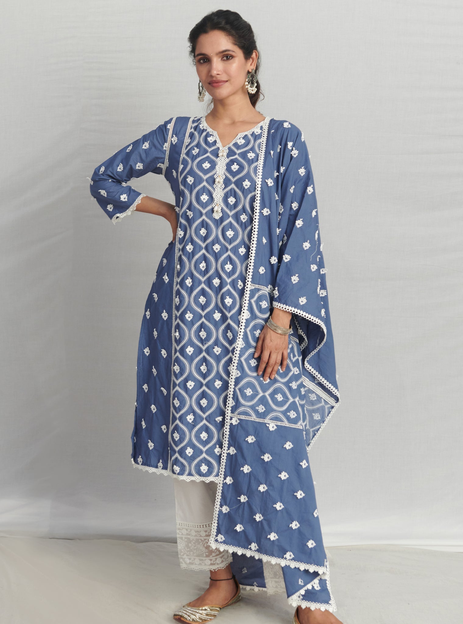 Mulmul Supima Cotton Pilerne Navy Dupatta