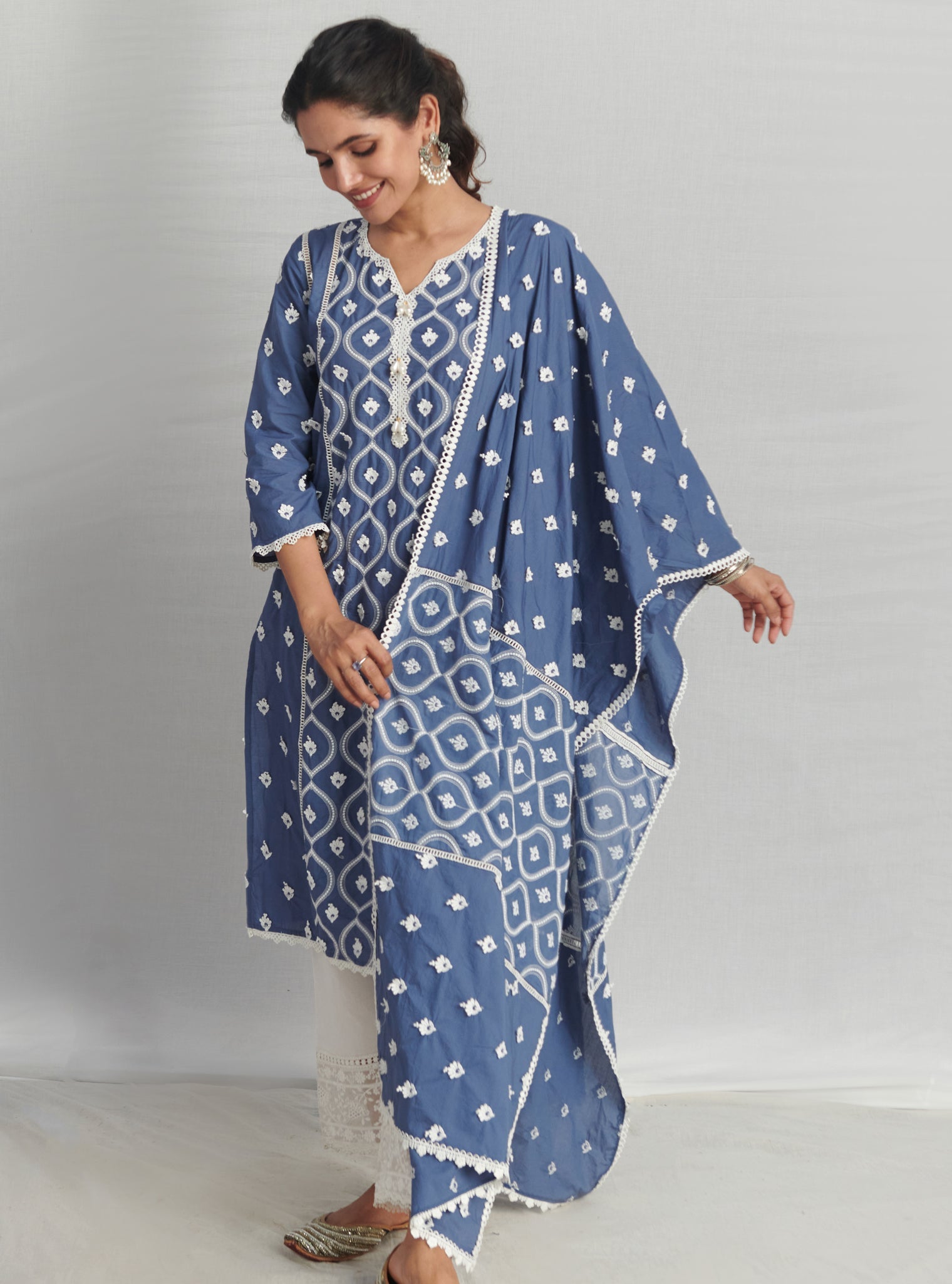 Mulmul Supima Cotton Pilerne Navy Dupatta