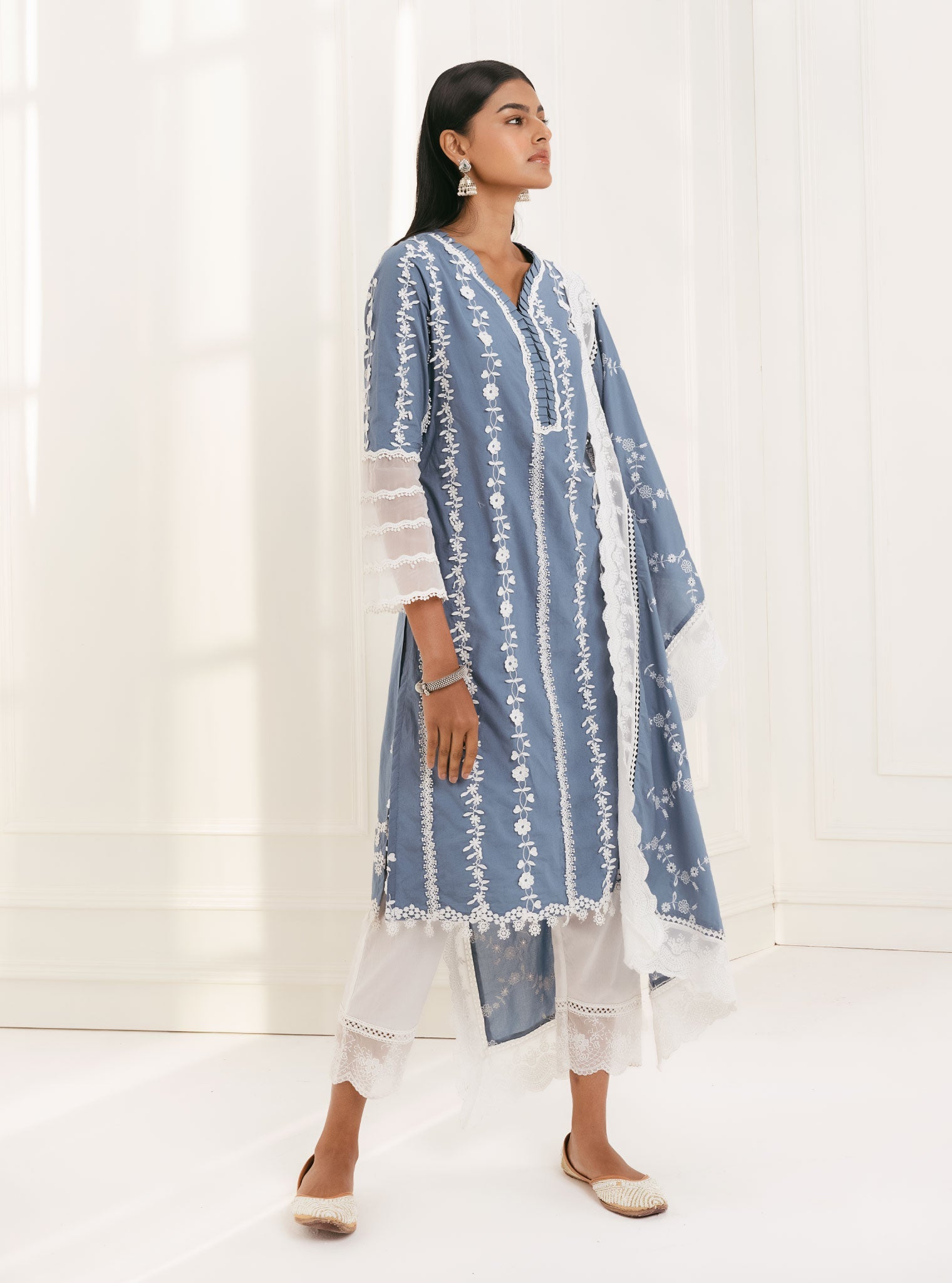 Mulmul Supima Cotton Emb Organza Sacllop White Pant