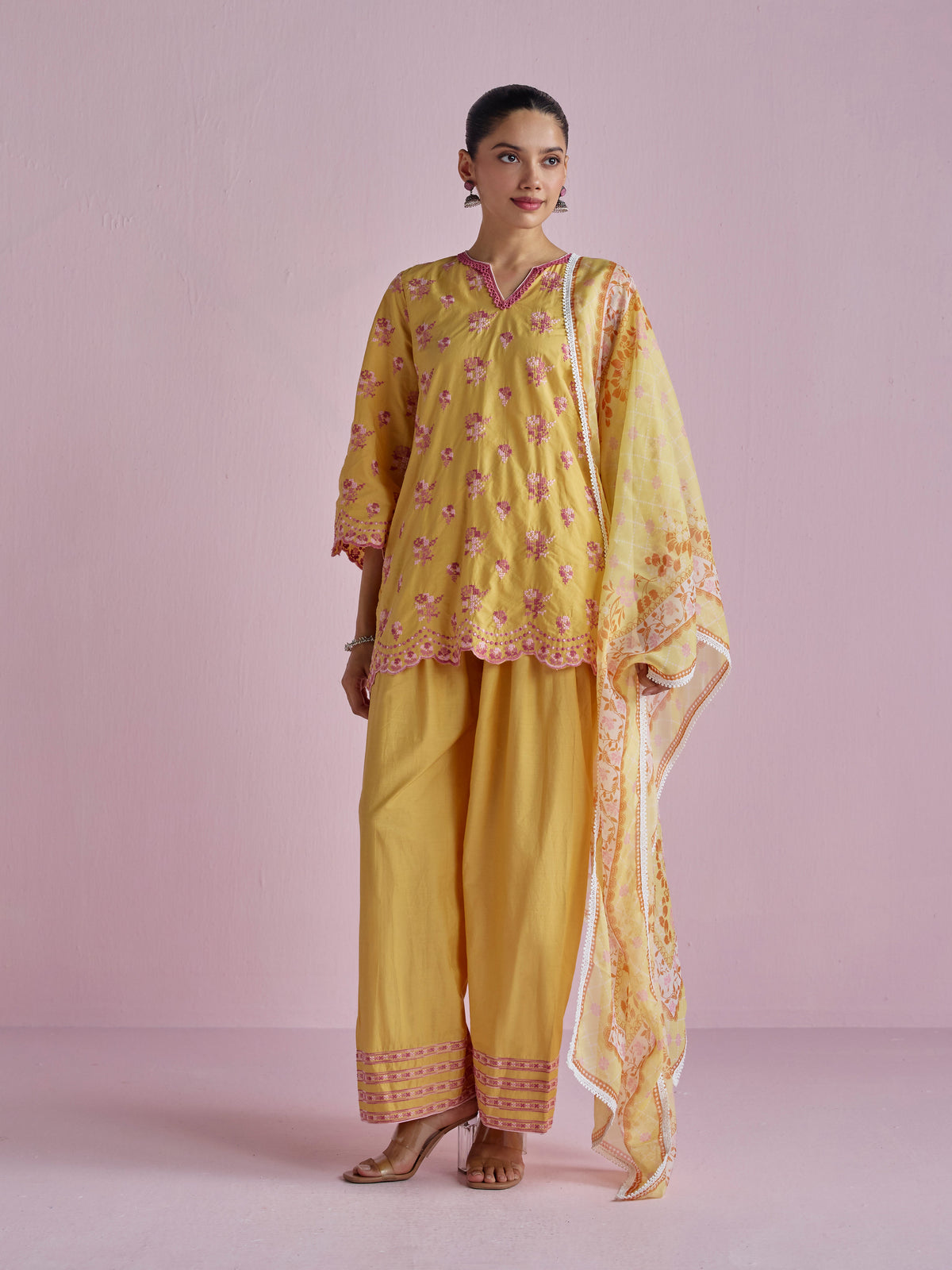 Aviya Supima Cotton Yellow Kurta With Farshi Salwar