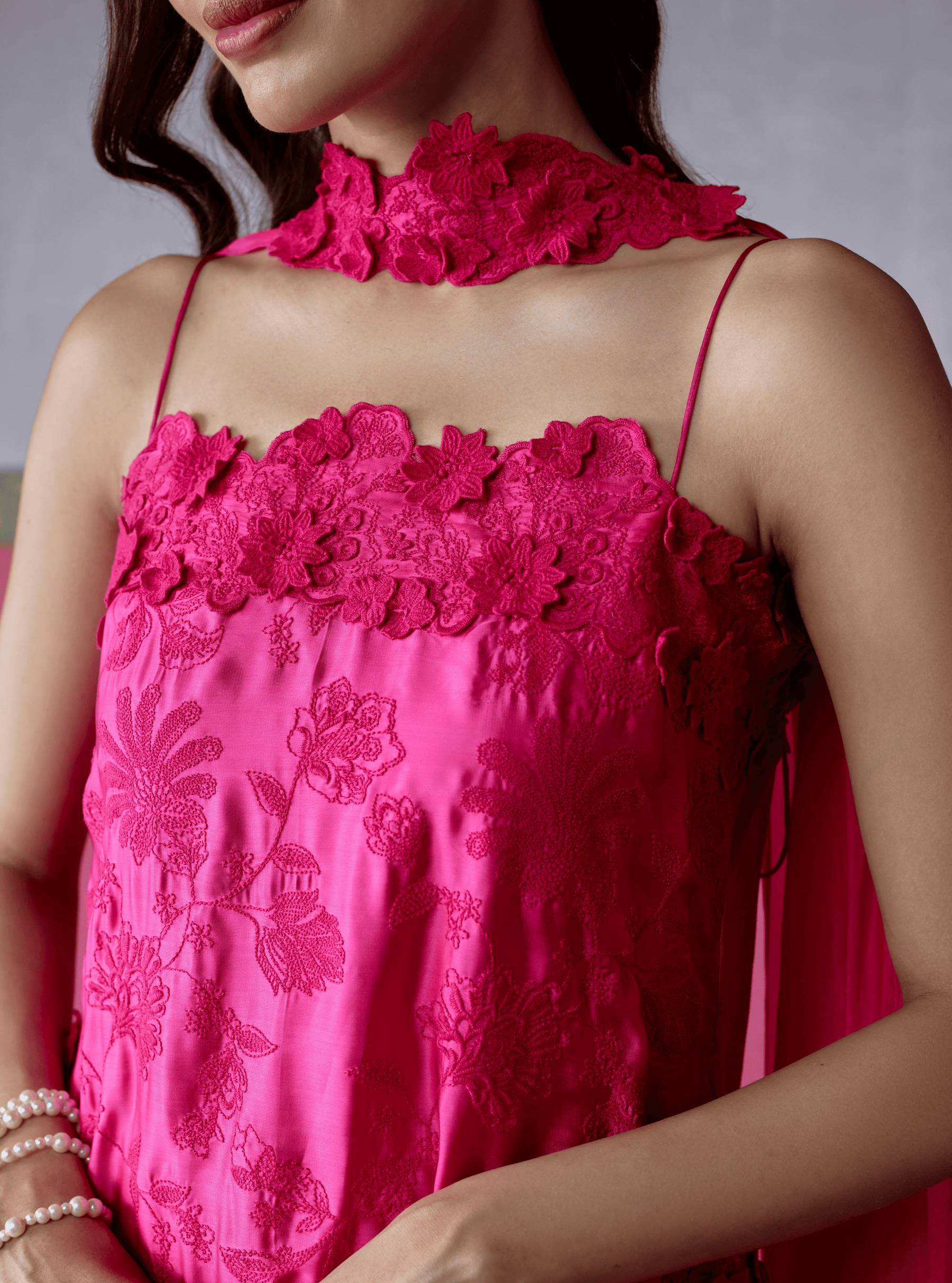 Jheel Cupro Satin Fuchsia Co-ord Set with Scarf