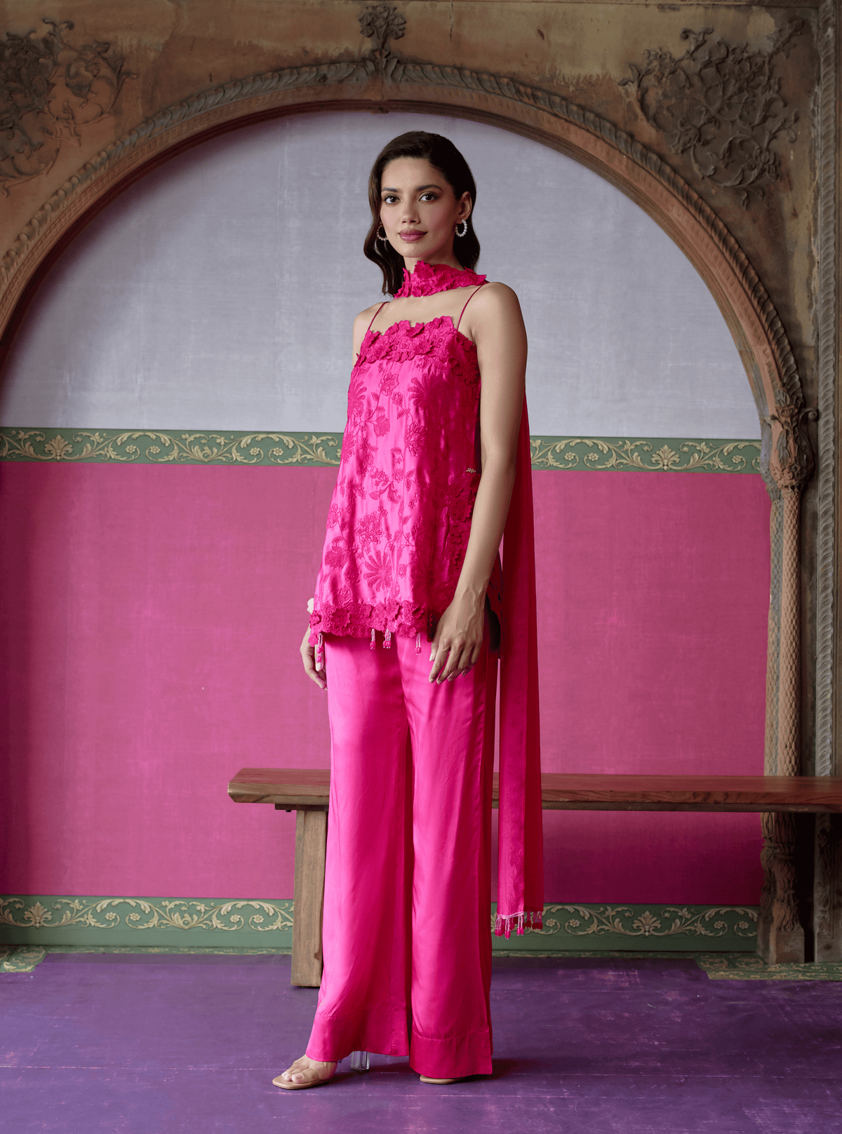 Jheel Cupro Satin Fuchsia Co-ord Set with Scarf