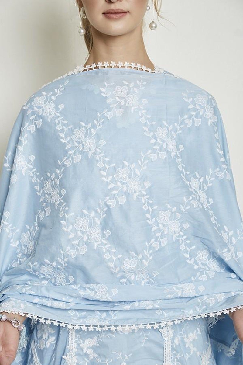 Mulmul Cotton Daffodil Blue Kurta  with New Poppy White Pants